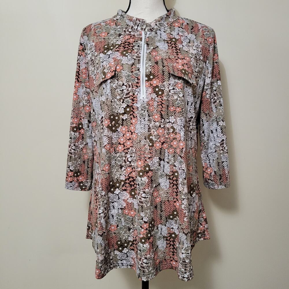 Bepei Size XL Tunic Top Zip Front Faux Pockets 3/4 Roll Tab Sleeve Poly Blend